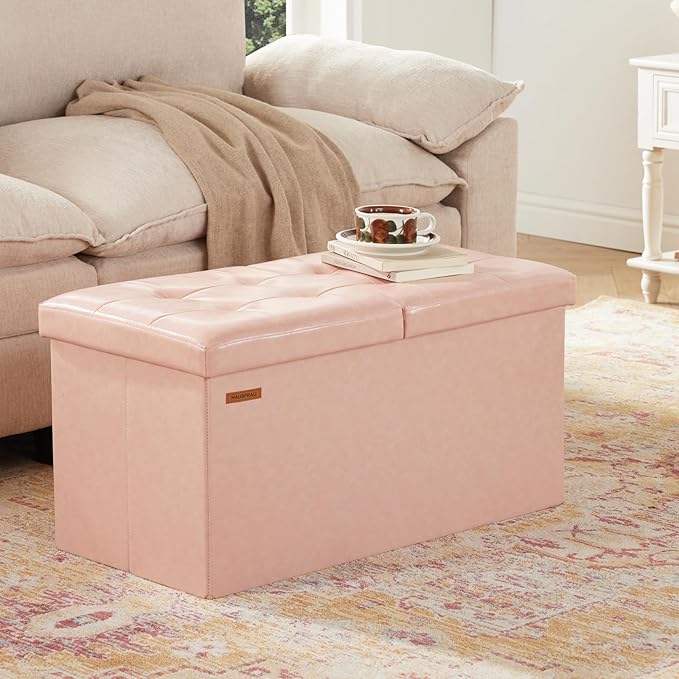 HAUSFRAU - 30 Inches Storage Ottoman Bench with Flipping Lid, Foldable Storage Chest Foot Rest for Living Room, Bedroom, Entryway, Load 660 lb, Synthetic Leather, Pale Pink