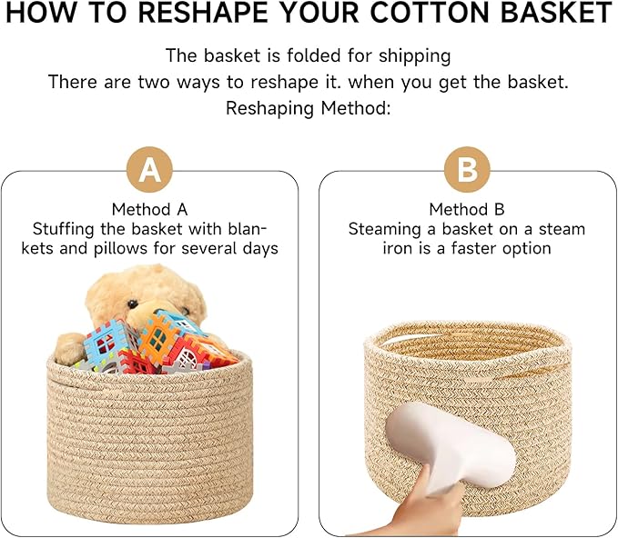 Small Basket for Organizing | Cube Shelf Closet Storage Baskets | 9.7×9.7×7.1” | Woven Rope Gift Basket | Nursery | Round 3 Packs Pink