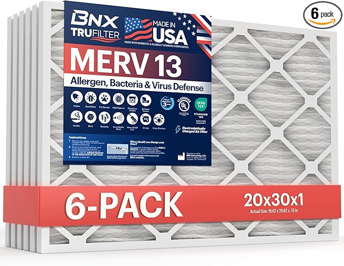 BNX TruFilter 20x30x1 Air Filter MERV 13 (6-Pack) - MADE IN USA - Electrostatic Pleated Air Conditioner HVAC AC Furnace Filters for Allergies, Pollen, Mold, Bacteria, Smoke, Allergen, MPR 1900 FPR 10