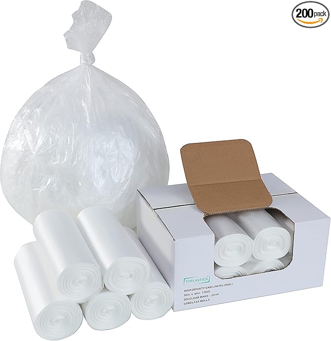 TYPLASTICS 55 Gallon Clear Trash Can Liners - 36" x 60" - High Density Garbage Bags - Case of 200 - Multipurpose for Office, Outdoor, Recycling, Industrial and Commercial