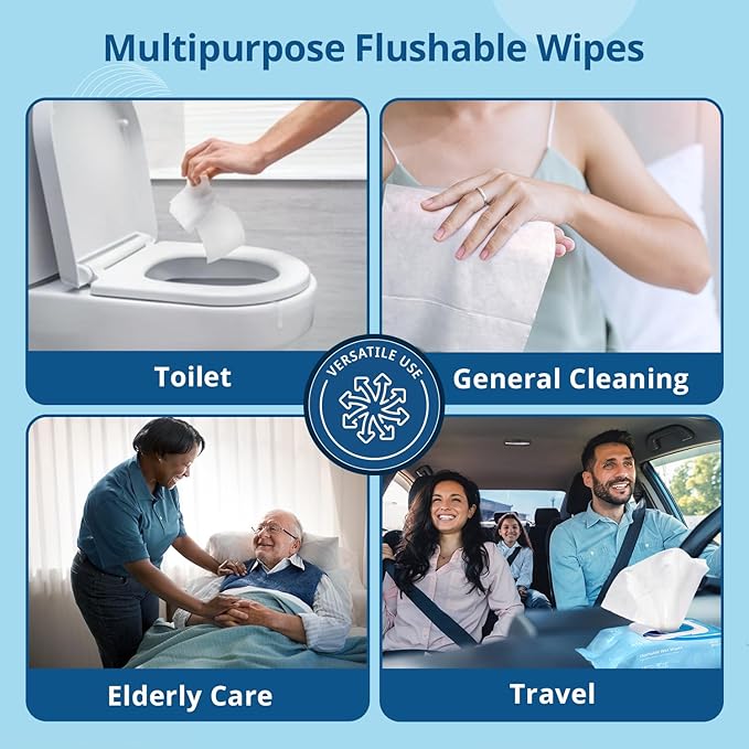WhyWorry Flushable Wipes for Adults, Extra Large 8"x10" Butt Wipes for Toilet & Personal Cleansing, with Chamomile and Vitamin E, 100% Plant-Based, Septic & Sewer Safe, Sea Incense, 48 Count