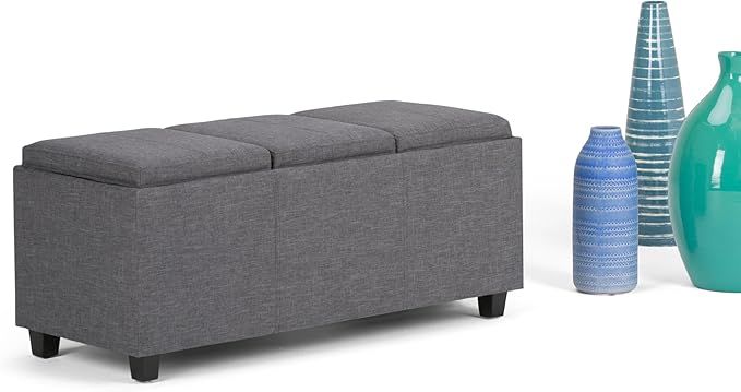 SIMPLIHOME Avalon 42 Inch Wide Contemporary Rectangle Storage Ottoman in Slate Grey Linen Look Fabric, Assembled, For the Living Room, Entryway and Family Room