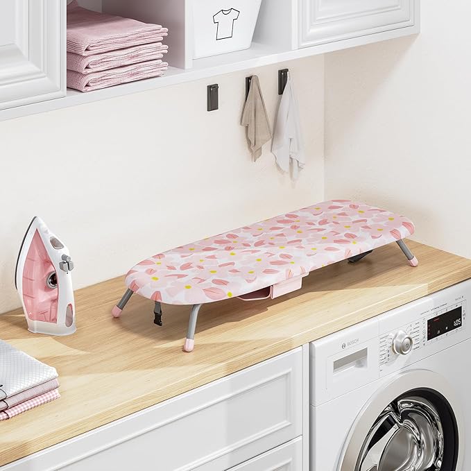 APEXCHASER Small Ironing Board with Iron Holder, Compact Iron Board with Non-Slip Feet, Portable Tabletop Ironing Board with Cotton Cover for Small Spaces and Travel, Pink