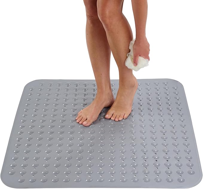 ENKOSI Extra Large Square Non Slip Shower Mat - 31 x 31-inch XL Bathroom Shower Mat - Square Shower Matts for Shower Stall Floors - Secure Suction Cups and Drain Holes (31x31 Grey)