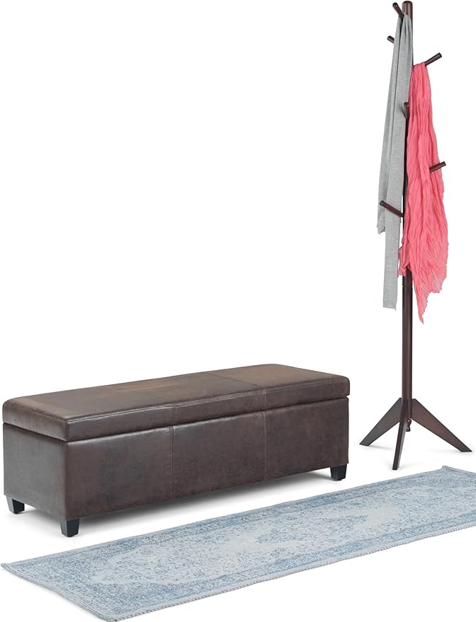 SIMPLIHOME Avalon 48 inch Wide Contemporary Rectangle Storage Ottoman Bench in Distressed Brown Vegan Faux Leather, Assembled, for the Living Room, Entryway and Family Room