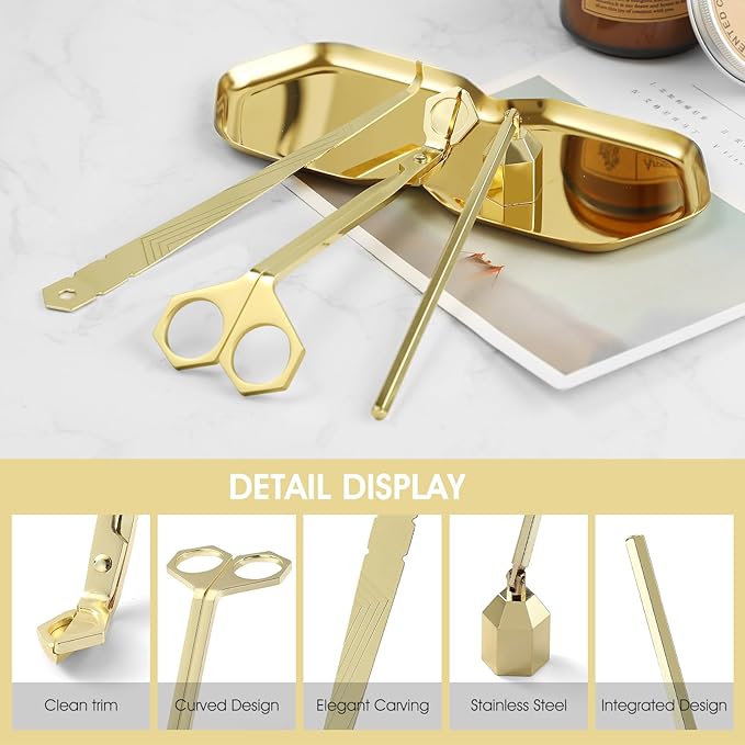 PATOISE 4 in 1 Candle Accessory Set, Wick Trimmer, Candle Snuffer, Wick Scoop,Storage Tray,Perfect for Candle Lovers(Gold)