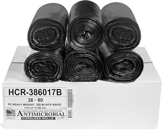 Aluf Plastics High Density Trash Bags, 60 Gallon, 200 Count, 17 Micron (eq), 38" x 60", Black, for Bathroom, Office, Industrial, Commercial, Janitorial, Municipal, Recycling