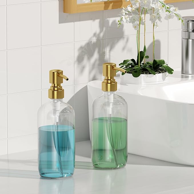 AmazerBath Soap Dispenser, 2 Pack Glass Soap Dispenser with Pump Stainless Steel, 17 Oz Clear Gold Hand Soap Dispensers for Bathroom and Kitchen