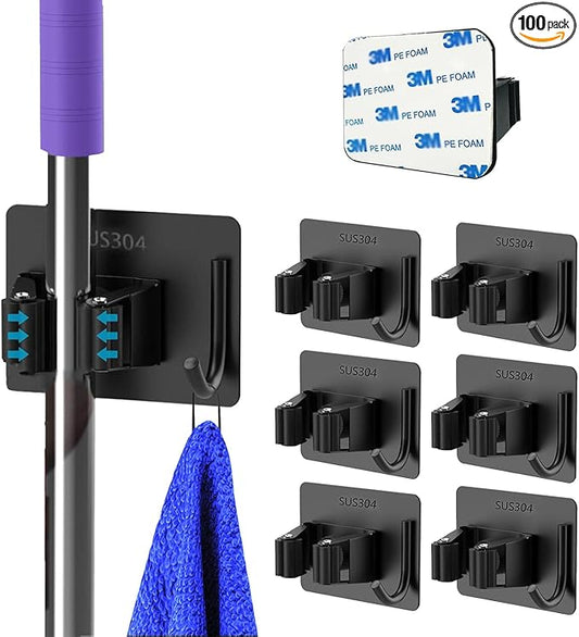 Mop and Broom Holder Wall Mount Stainless Steel Broom Mop Hanger Wall Mounted Garden Tool Rack Organizer for Closet Garage Laundry Room Kitchen Decor (Black) (6)