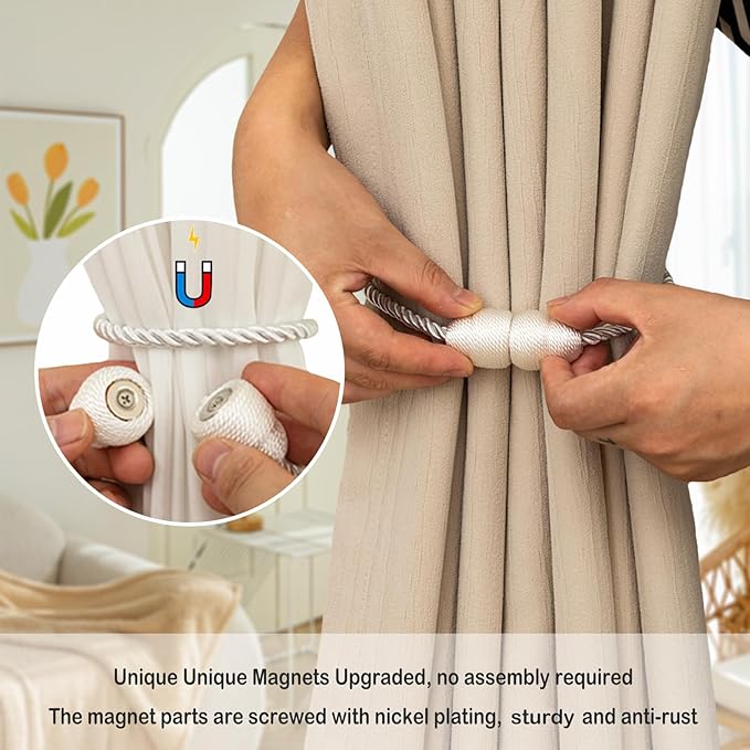 Magnetic Curtain Tiebacks Rope Curtain Tie Backs for Curtains 8 Pack Curtain Holders for Drapes Decorative Window Curtain Holdbacks, White