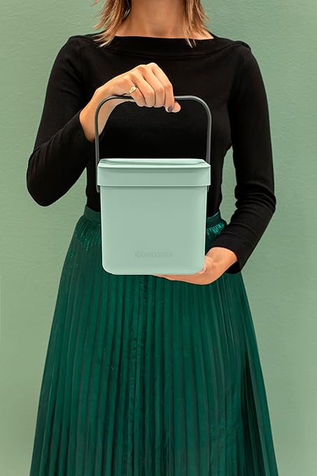 Brabantia Sort & Go Food Trash Can (0.8 Gal/Jade Green) Small Countertop Kitchen Compost Caddy with Handle & Removable Lid, Easy Clean