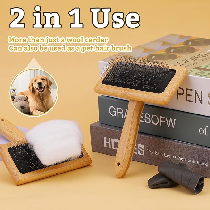 2 Pcs Large Wooden Wool Carders, Needle Felting Carding Brushes Tools with Finger Cots, Wool Needle Felting Brushes for Wool Felting, Spinning Crafts, Pet Grooming