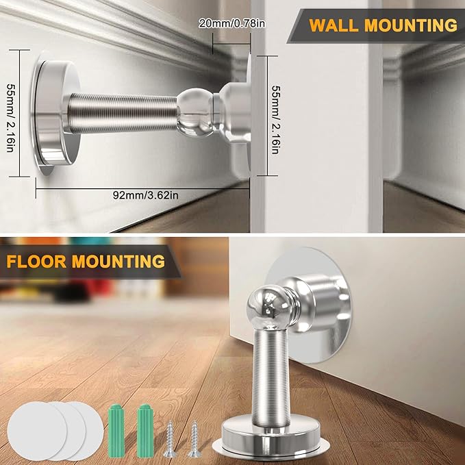 6 Pack Door Stopper Magnetic, COCIVIVRE Magnet Door Stop Stainless Steel for Wall and Floor Mounting, No Drilling Doorstop with Adhesive Tape Hold Your Door Open, Silver