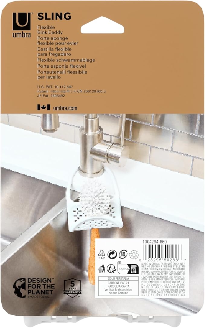 Umbra Sling Flexible Sink Caddy, Non-Slip – Holds Sponge, Scrubbing Brush or Dishrag, White