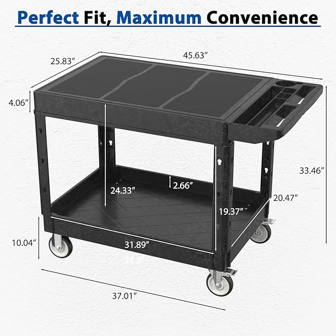 Heavy Duty Flat Top Utility Cart with Wheels 2-Tier Utility Plastic Service Work Cart for Shop, Garage, Warehouse, Maintenance 550 lbs