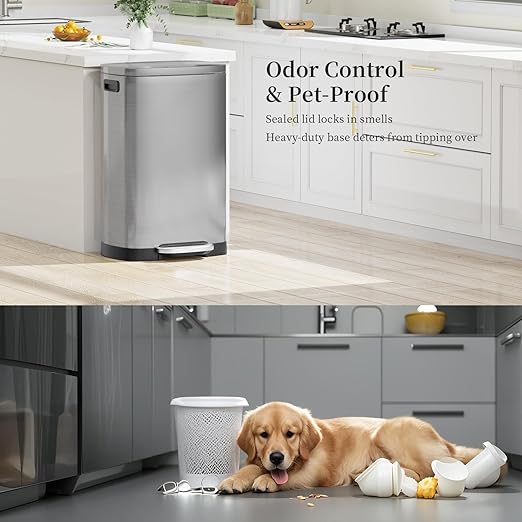 13 Gallon Trash Can with Lid, 50L Fingerprint Proof Stainless Steel Kitchen Trash Can with Removable Inner Bucket and Lid Soft Close, Pedal Rubbish Bin for Home Office（Silver）