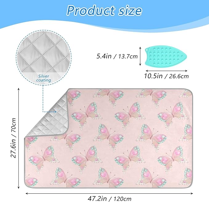 Ironing Mat Portable Ironing Pad Ironing Blanket for Table Top Heat Resistance Double-Side Using Travel Large 47.2 x 27.6 Inch Foldable Lightweight Pink Butterfly
