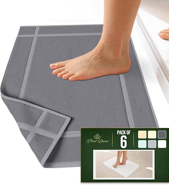 Pearl Linens Pack of 6 100% Cotton Bath Mat 20x30 inches, Soft & Absorbent Quick Dry Bathroom Mat Set, Not Bathroom Rugs, After Shower Mat, Bath Tub Mat, 687 GSM, Machine Washable, Light Gray