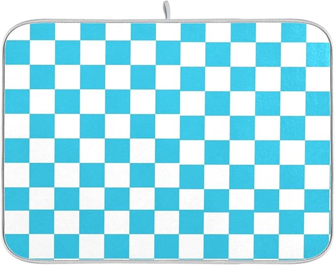 Turquoise Chessboard Dish Drying Mat for Kitchen Countertop 16x18 Teal Plaid Checkered Rectangle Small Drying Mat Reusable Quick Dry Dish Sink Absorbent Mats Easy Clean Decorative Home Essentials