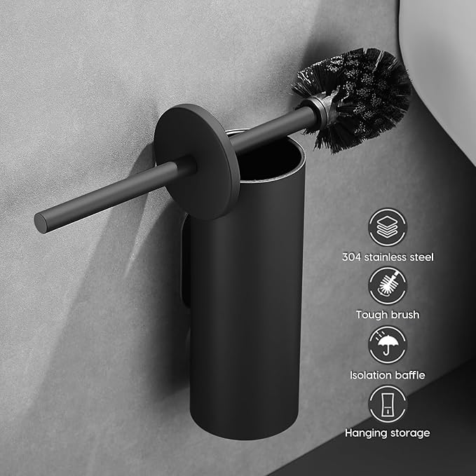 Toilet Bowl Brush and Holder, 304 Stainless Steel No-Punch Hook Base Dual Purpose Toilet Brush Holder with Removable Inner Bucket and Splash Cover - Soft Bristles (Black)