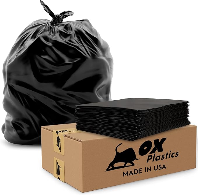 Ox Plastics 60 Gallon Trash Can Liners Bags - (25 Count) & 3mil Thick Extra Heavy Duty Strength - Large Garbage, Leak-Proof & Durable Bags
