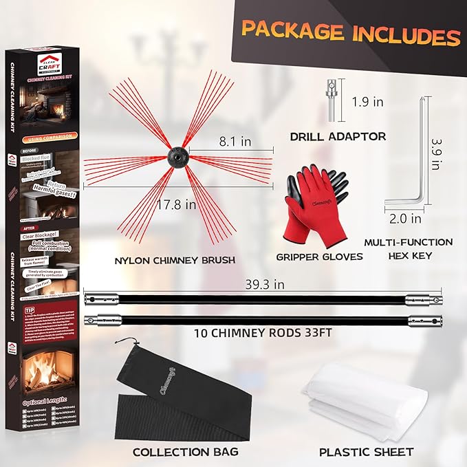33 Feet Chimney Sweep Kit, Chimney Cleaning Kit with 10 Flexible Black Chimney Rods, Chimney Brush for Sweeping Fireplace, Rotary Chimney Cleaning System Driven by Drill