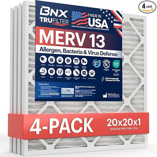 BNX TruFilter 20x20x1 MERV 13 (4-Pack) AC Furnace Air Filter - MADE IN USA - Electrostatic Pleated Air Conditioner HVAC AC Furnace Filters - Removes Pollen, Mold, Bacteria, Smoke