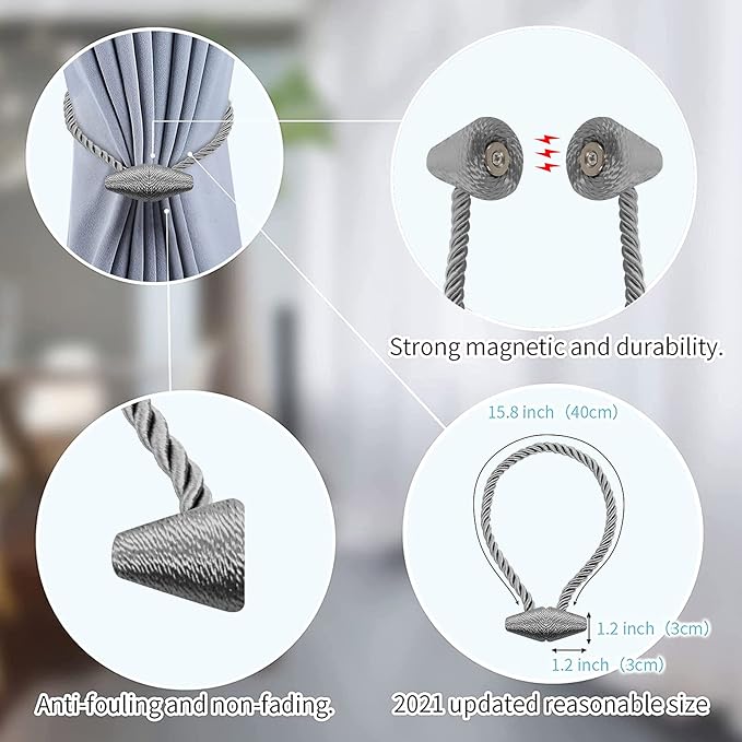 Hion Magnetic Curtain Tiebacks Grey 2pcs, Curtain Tiebacks Buckles Holdbacks Holders Hooks Clip for Home Bedroom Office Decorative Curtain