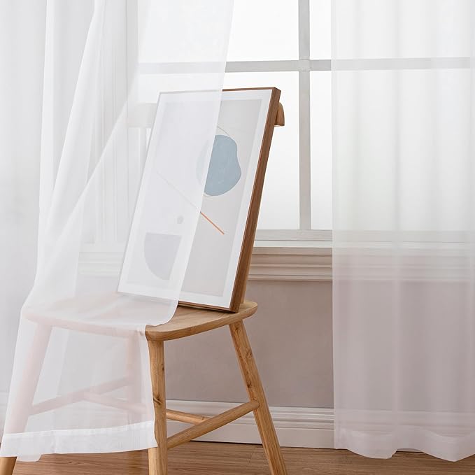 Chyhomenyc White Sheer Curtains 96 inches Long 2 Panels Set, Light Filtering Airy Solid Voile Window Treatment Drapes for Bedroom Living Room, Each 42Wx96L, 8FT Long, Set of 2, White