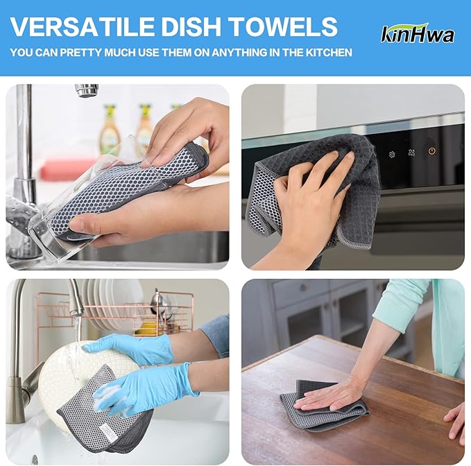 KinHwa Kitchen Washcloths for Dishes Absorbent Microfiber Dish Cloths Quick Dry Dish Rags with Poly Scour Scrub Side Ideal for Kitchen Cleaning (Grag-B, 12inchx12inch 6 Pack)