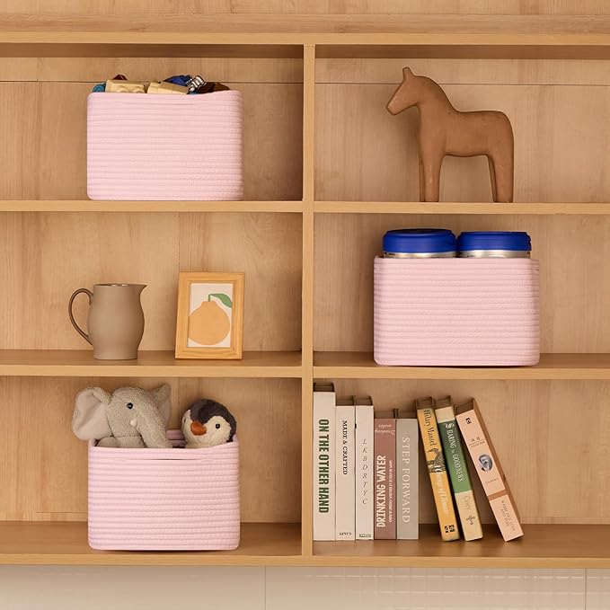 Small Organizing Baskets for Cubes Shelf, 9.7x9.7x7.1 Inch Rope Woven Storage Bins for Nursery Shelves Storage, Cute Toy Basket, Square 3 Packs Light Pink