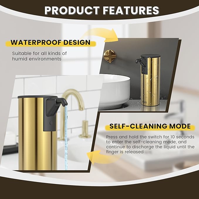 Automatic Soap Dispenser Touchless 11.8oz/350ml Four-Level Adjustable Dispenser Volume，Stainless Steel Material,Battery Powered for Wide Compatibility in Kitchen, Bathroom, Hotel & Office (Gold)
