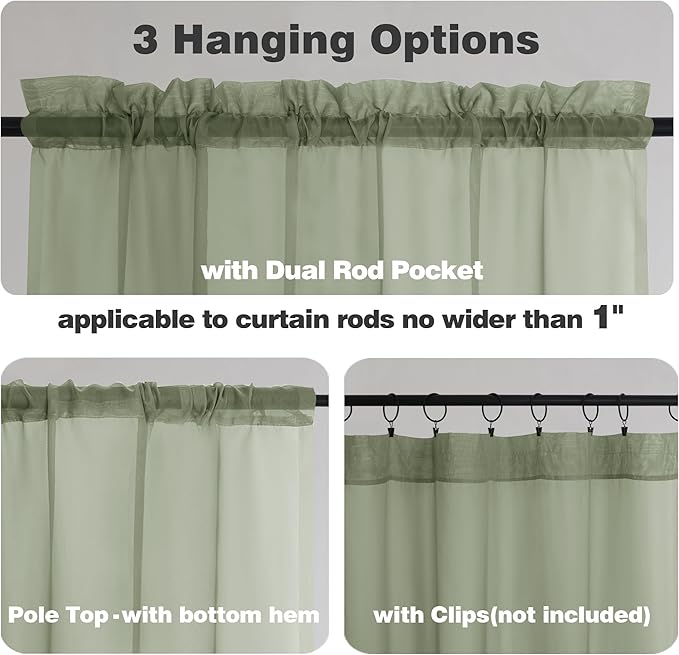 Chyhomenyc Sage Green Sheer Curtains 45 Inch Long 2 Panels, Short Voile Rod Pocket Drapes for Dinning Small Windows Bathroom Living Room Bedroom, 42Wx45L Inches