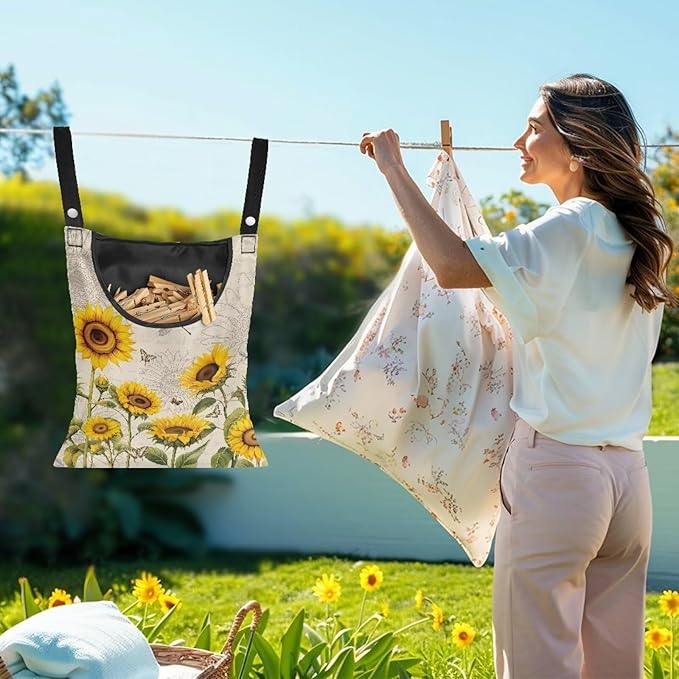 2 Pcs Sunflowers Print Clothespin Bag, Laundry Hanging Bag Fits Clothes Lines, Pin Bag with Hanging Rope for Home Outdoor for Hanging Clothes Outside Balcony Bathroom Corridor Yard