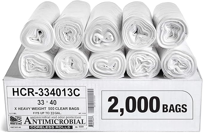 Aluf Plastics High Density Trash Bags, 33 Gallon, 2000 Count, 13 Micron (eq), 33" x 40", Clear, for Bathroom, Office, Industrial, Commercial, Janitorial, Municipal, Recycling
