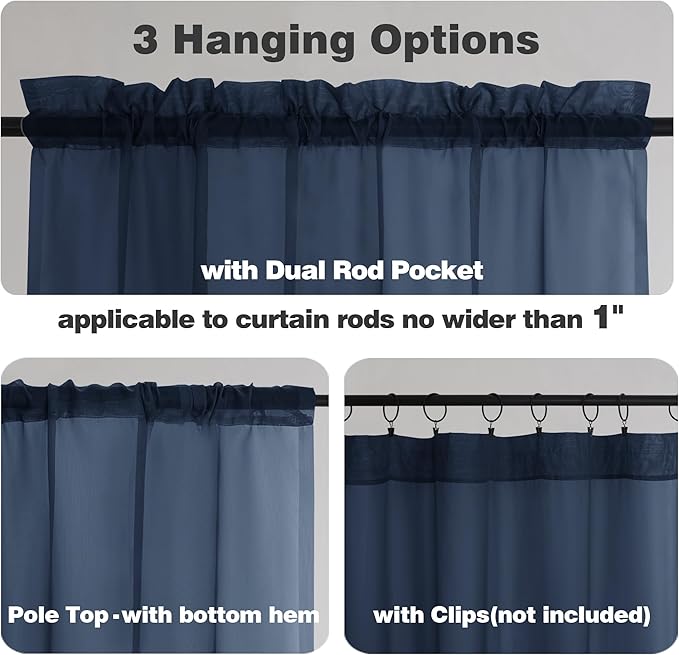 Chyhomenyc Sheer Curtains 72 Inch Length Set of 2, Rod Pocket Voile Drapes for Living Room, Bedroom, Window Treatments Semi Sheer Curtain Panels for Yard, Patio, Villa, Parlor, 42Wx 72L, Navy Blue