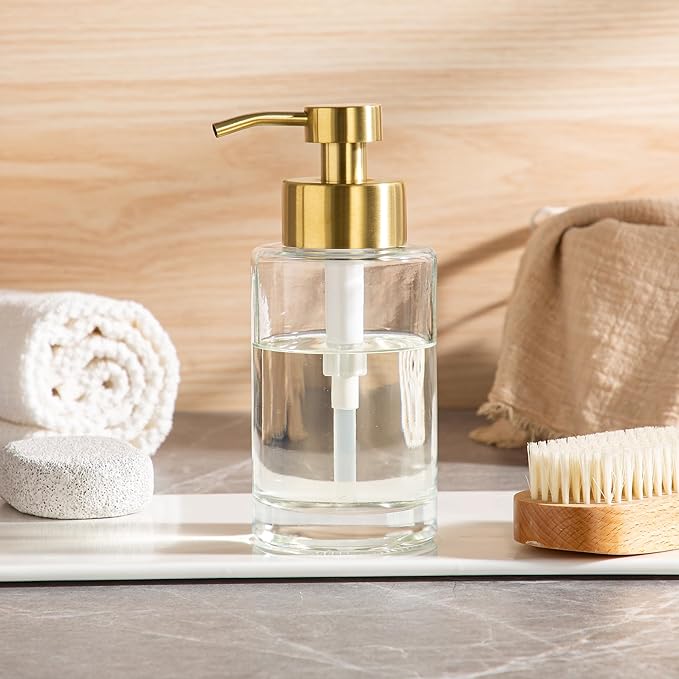 Enra Thick Glass Soap Dispenser with Stainless Steel Gold Pump,12oz Bathroom Hand Liquid Soap Dispensers,Lotion Dispenser,Soap Dispenser for Bathroom,Kitchen(Clear/Gold Liquid Type)