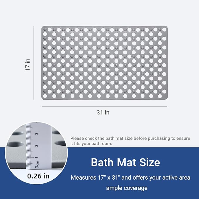 Non Slip Bathtub Mat and Shower Mat 31x17 inch,Bath Mat with Quick Dry Drain Holes and Suction Cups, Soft Comfortable Safe Bathroom Mat for Bath Tub, Floor, Tile (Grey)