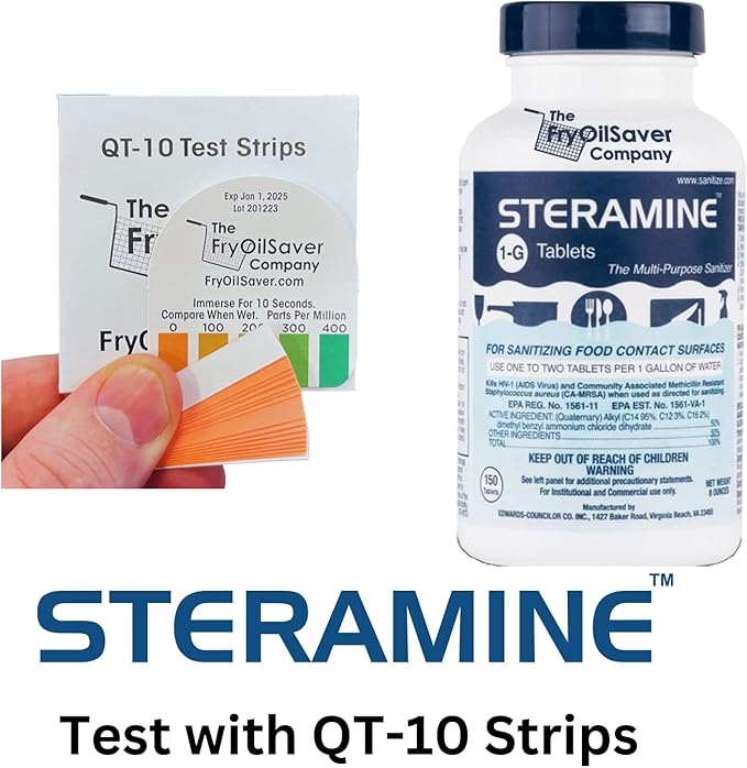 1 Bottle Steramine Sanitizer Tablets w/15x QT-10 Test Strips - Multi Purpose Steramine Sanitizing Tablets for Food Contact Surface, Kitchen, Restaurant, Food Service by FryOilSaver (150 Count)
