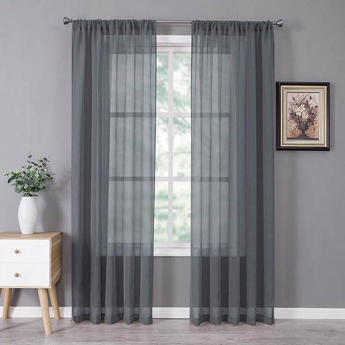 Tollpiz Sheer Curtain Linen Textured Living Room Curtains Sheer Light Filtering Rod Pocket Voile Curtain for Bedroom, 54 x 72 inches Long, Dark Grey, Set of 2 Panels