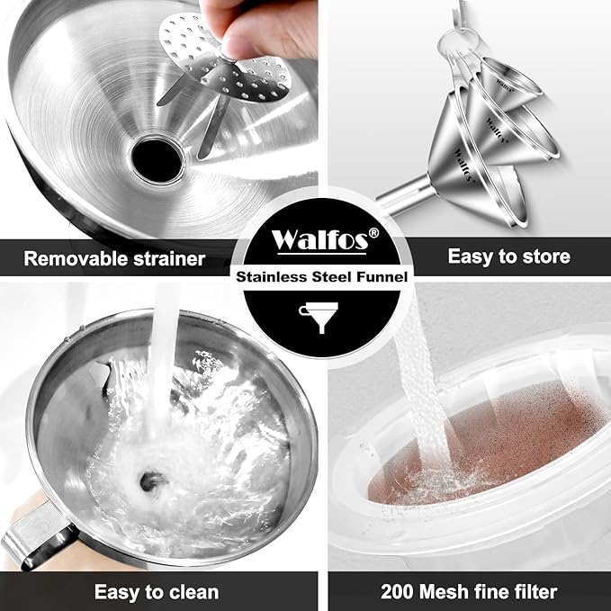 Stainless Steel Funnel, Walfos 6 Different Sizes of Kitchen funnels with 2 Removable Strainer ＆ 1Pcs Cleaning Brush, 200 Mesh Food Filter Strainer,for Transferring of Liquid, Oils, Jam, Powder