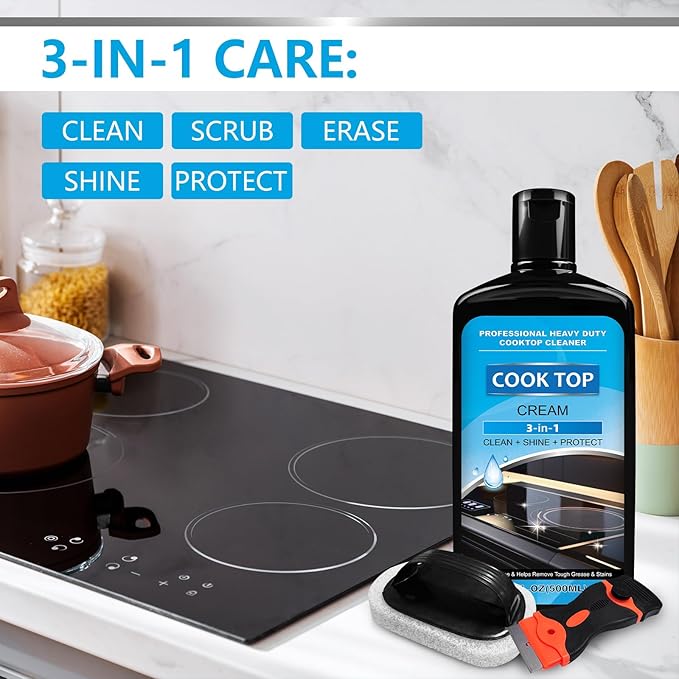 Cooktop and Stove Top Cleaner Kit, Glass Cooktop Cleaner Combo Kit with Razor, Scraper, Scrubbing Pad Removes Tough Stains, Stovetop Cleaner for Glass and Ceramic Surfaces，34OZ
