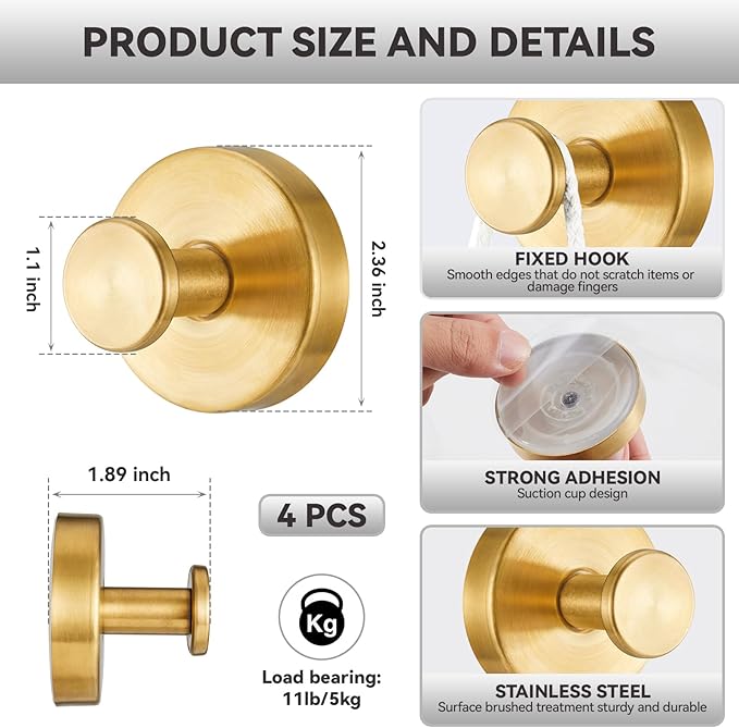 4 PCS Suction Cup Hooks for Shower, Stainless Steel No Drill Suction Towel Hooks, Reusable Sticky Silicone Suction Cup Base for Bathroom Wall, Glass, Mirror, Tile to Hang Loofahs, Robes (Gold)
