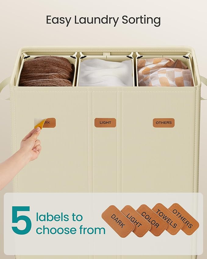 SONGMICS 42.2 Gallon (160 L) Laundry Hamper, 3-Compartment Laundry Basket Sorter with Lid, Labels, Removable Liner Bags, for Bedroom, Cream White URLH013W01