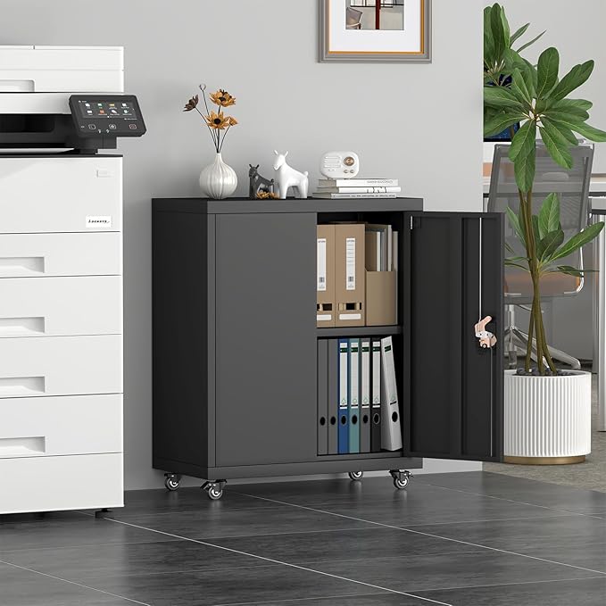 Metal Cabinet with Wheels, Steel Cabine with Locking Doors, Small Cabinet with 1 Adjustable Shelf, Tool Cabinets for Garage, Suitable for Home Office, Garage, Office
