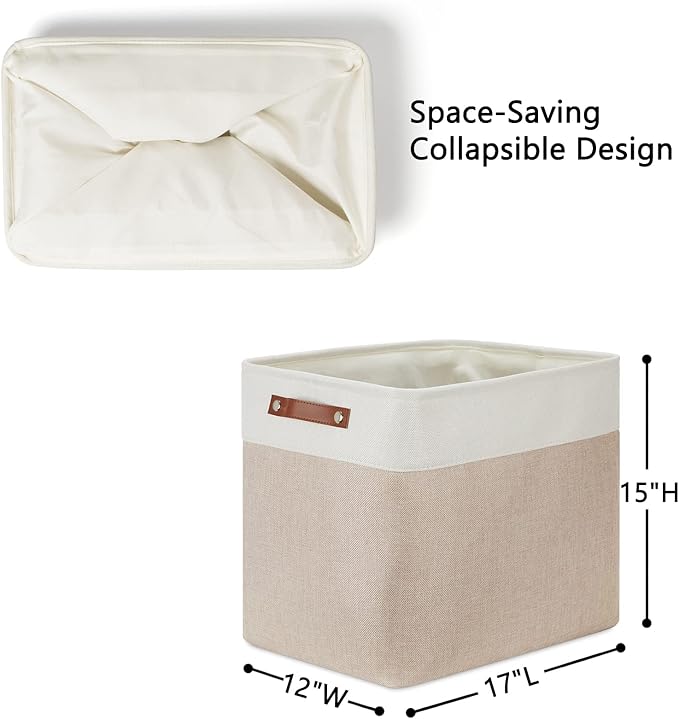 DULLEMELO Large Collapsible Storage Basket/Bin with Sturdy Leather Handles, Fabric Organizer Bin for Storage Clothes, Toys, Books, Office, Bedroom, Closet, Nursery & Laundry (White&Khaki)
