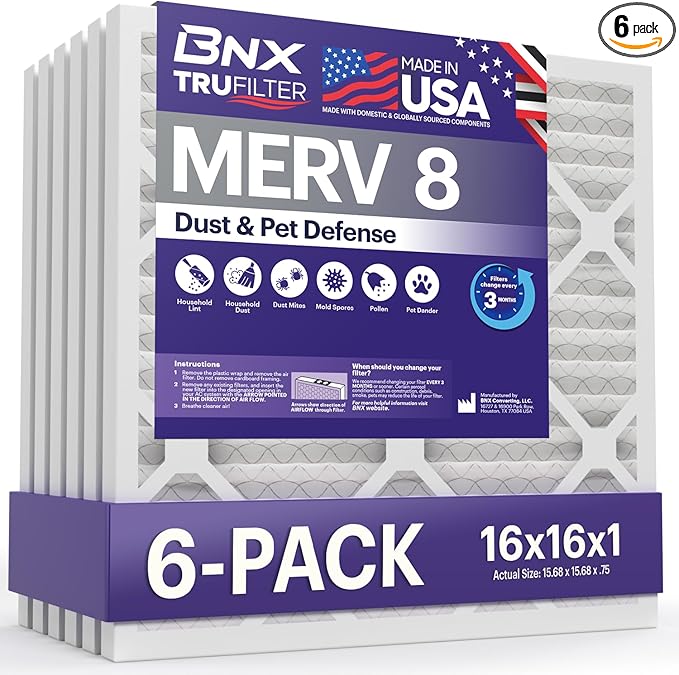 BNX TruFilter 16x16x1 Air Filter MERV 8 (6-Pack) - MADE IN USA – Dust & Pet Defense Air Conditioner HVAC AC Furnace Filters for Dust, Pet, Mold, Pollen MPR 600 – 700 & FPR 5