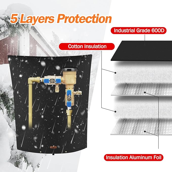 TOHONFOO Backflow Preventer Pipe Insulation Cover (5°F) - Irrigation Sprinkler Valve Insulated Pouch - Water Well Pump Cover - Sturdy 5 Layers for Winter Freeze Protection, 28" W x 36" H, Black