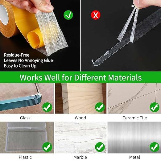 Double Sided Tape Heavy Duty, 1.18" x 66FT, Universal High Tack Strong Wall Adhesive with Fiberglass Mesh, Super Sticky Resistente Clear Tape, Easy Use Mounting Tape Office Decor