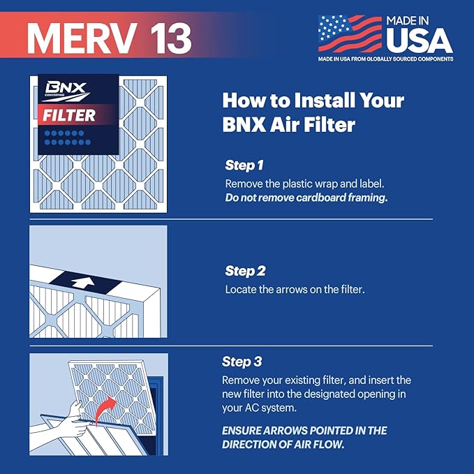 BNX TruFilter 16x20x1 Air Filter MERV 13 (4-Pack) - MADE IN USA - Electrostatic Pleated Air Conditioner HVAC AC Furnace Filters for Allergies, Pollen, Mold, Bacteria, Smoke, Allergen, MPR 1900 FPR 10